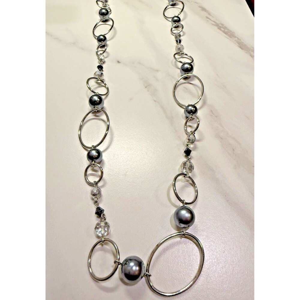 Lia Sophia Silvertone Metal Black Faux Pearl Chain Necklace Long Length Silver